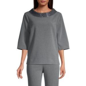 Trina Turk Women Heather Gray Embellished‎ Roll Neck Blouse | Missing Beads